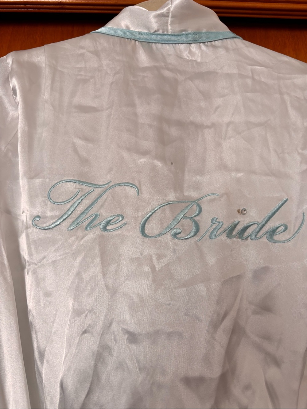 Linea Donatella White Satin "The Bride" Robe with Light Blue Script